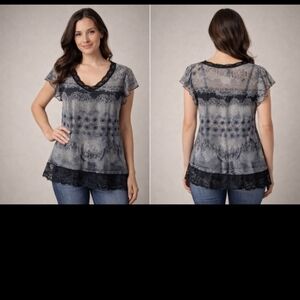 CATO Sheer Lace Trim Boho Medallion Print Blouse Size Large